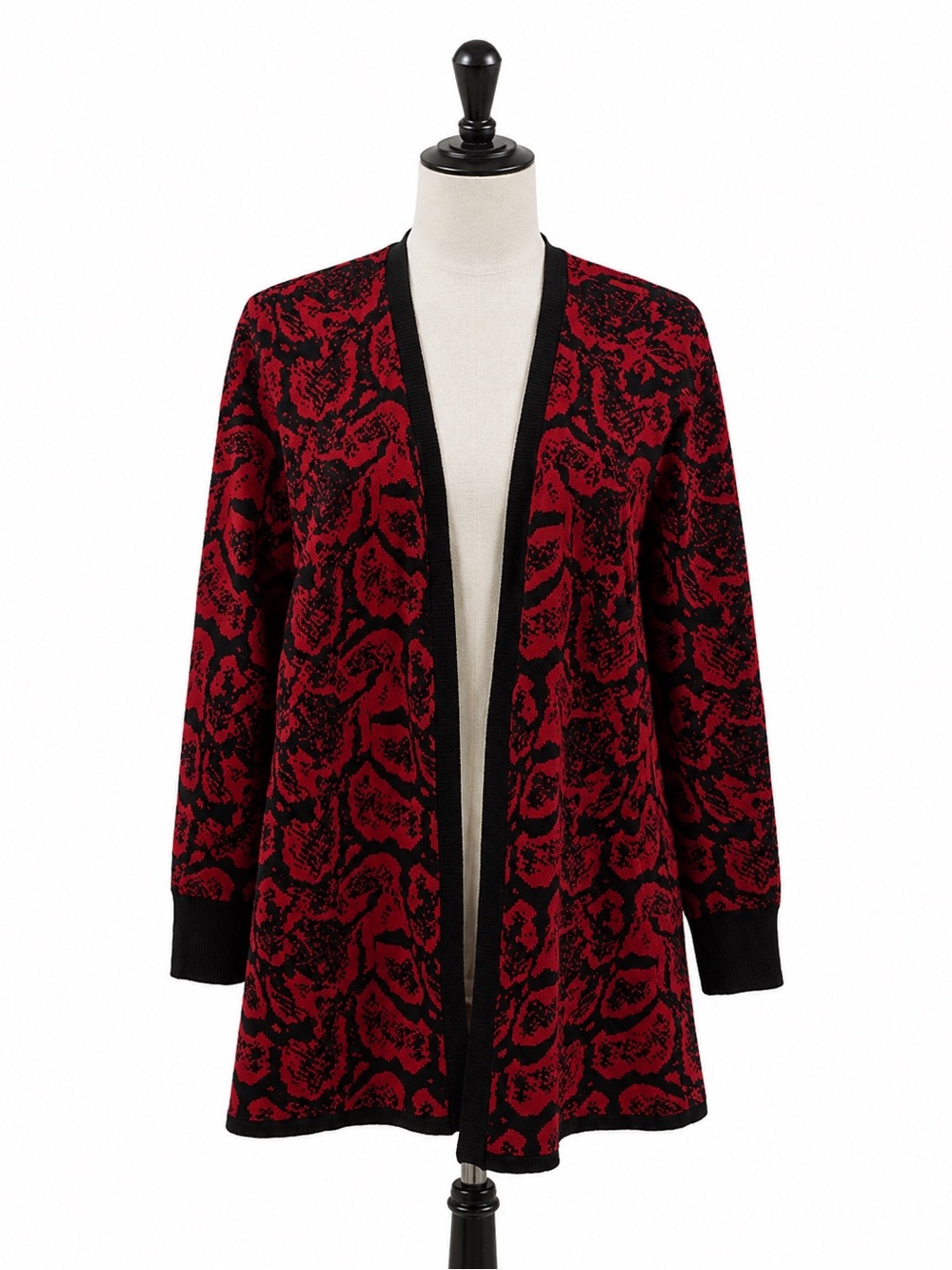 Susan Graver Red Black Snakeskin Animal Print Open Front Cardigan Sweater L